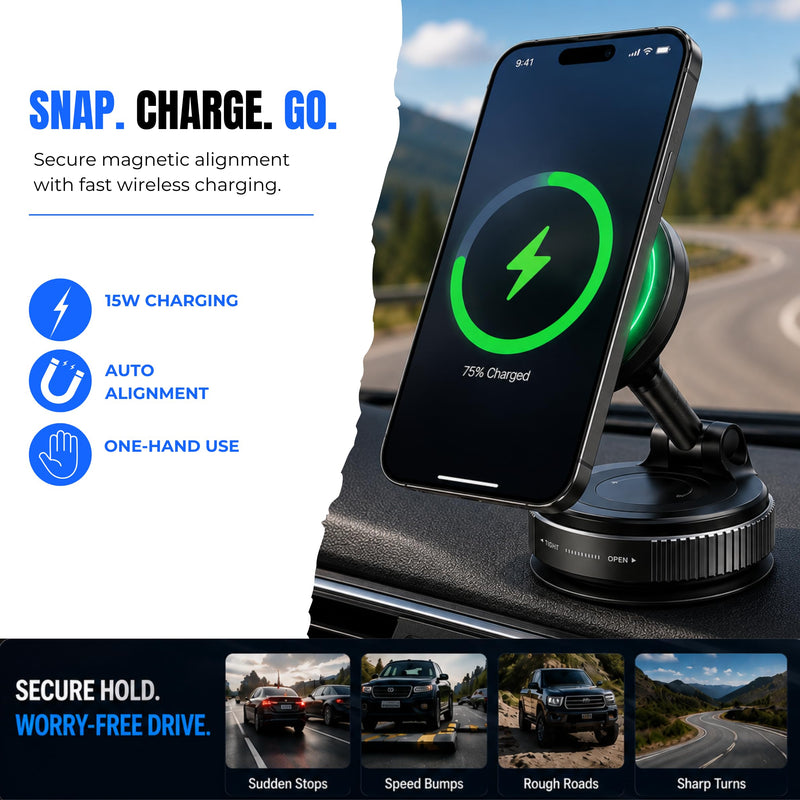 15W Magnetic Wireless Car Charger Mount with Vacuum Suction, MagSafe Car Phone Mount, 360° Adjustable Dashboard & Windshield Holder for iPhone & Samsung