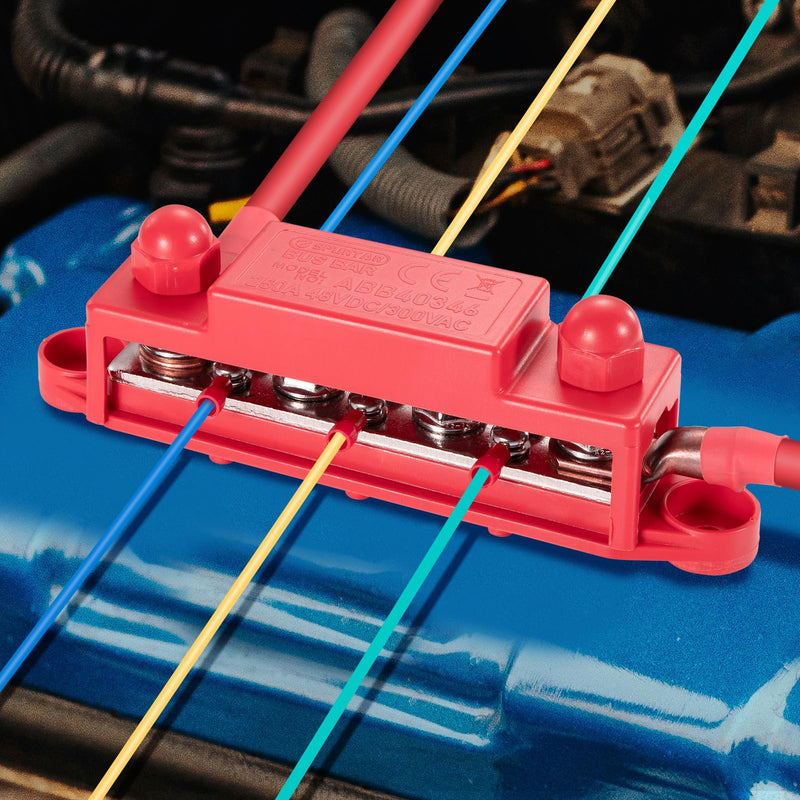 Spurtar 12V Bus Bar 12V Power Distribution Block 4X 5/16'' M8 Stud 6X #8 M4 Screws Bus Bar Terminal Block 12V 24V 48V 250A Battery Bus Bar for Car Truck RV ATV Boat Trailer Red Black Pair 4 x 5/16'' M8 - 6x #8 Screws