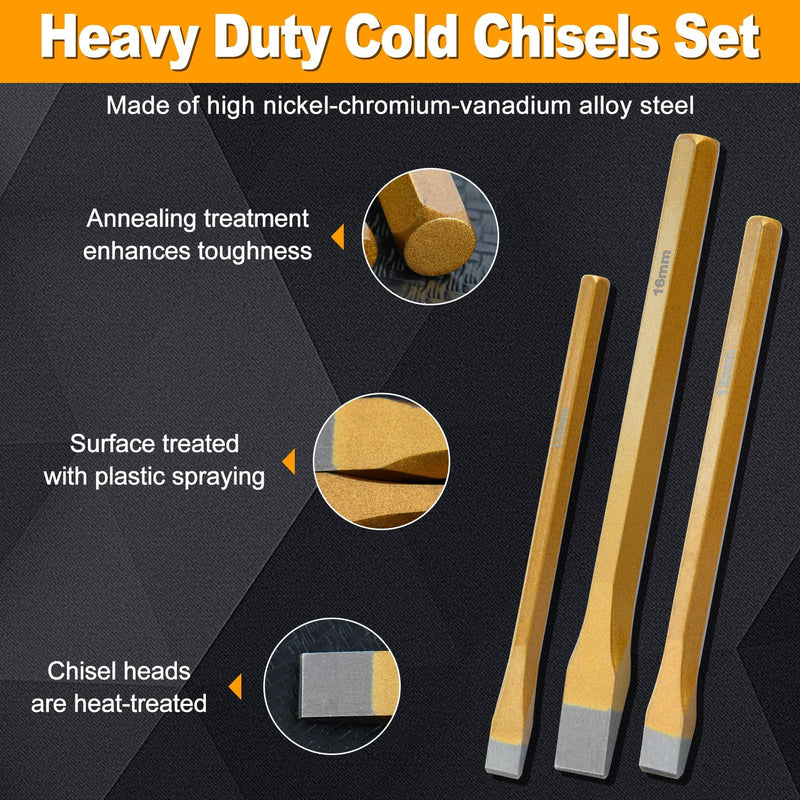 SPEEDWOX 3 Piece Heavy Duty Cold Chisel Set, 3/8", 1/2", 5/8", Metal, Burel Set, Cold Steel Rock, Burel Comes In A Roll-up Storage Bag For Cutting Rivets And