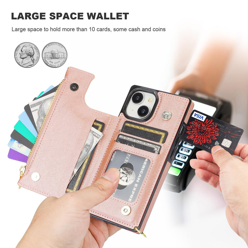[AUSTRALIA] - Bocasal Crossbody Wallet Case for iPhone 15 with RFID Blocking Card Slot Holder, Magnetic Flip Folio Purse Case, PU Leather Zipper Handbag with Detachable Lanyard Strap 6.1 Inch 5G (Rose Gold) Rose Gold 