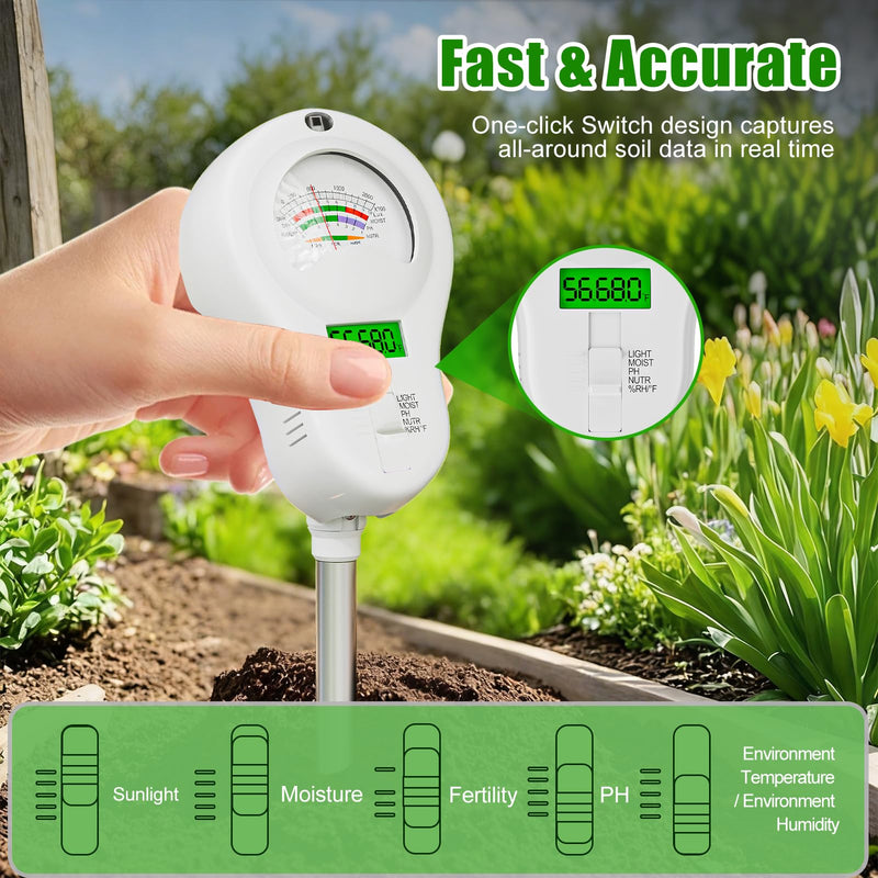 [AUSTRALIA] - SPECILITE 6-in-1 Soil Tester, Digital Soil Moisture Meter/PH Meter/Sunlight/Temperature/Fertility Monitor with 2 Removable Probe, Dual Screen Soil Test Kit for Gardening, Lawn, Indoor & Outdoor Plant 
