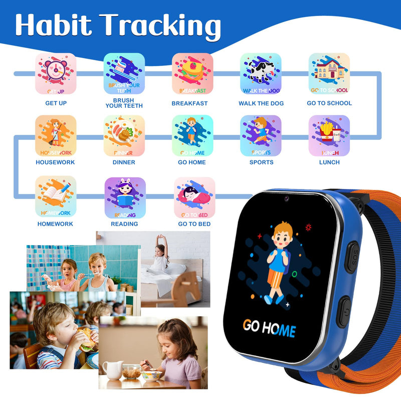 PTHTECHUS Smart Watch for Kids, 4G Smartwatch with Phone Call, SOS, Camera, Music Player, Learn Card, and Puzzle Games, Suitable for Boys and Girls Ages 4-12 Years Old Purple Blue (No GPS)