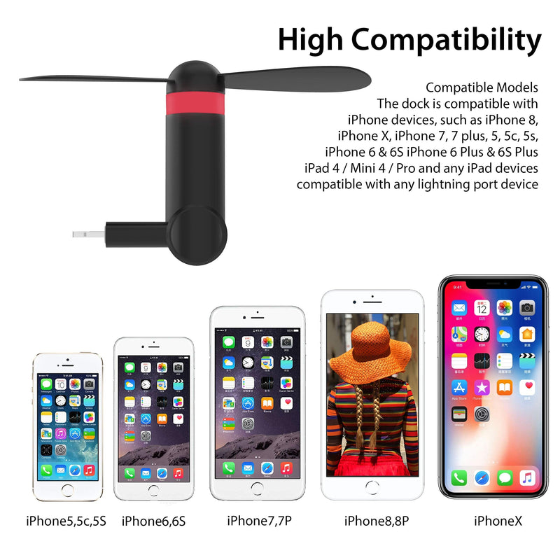 Genuie Fan for iPhone(2 packs) , Mini Fan with 180 Rotating, Strong Wind, Lightweight Compatible for iPhone, iPad, iPod and Any Lighting Devices. Upgraded Version (Black and Rose Red)