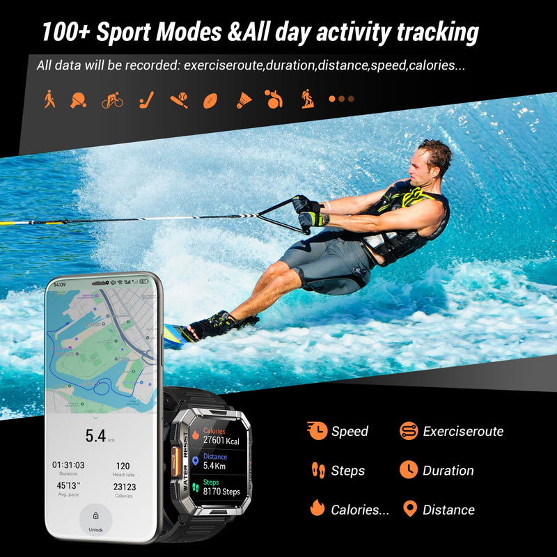 Military Smart Watch for Men (Answer/Make Calls), 2.01'' Smart Watch for Android and iPhone, Fitness Tracker with Flashlight/Compass/100 Days Battery/Heart Rate/Sleep/100+ Sport Modes(2 Straps) W60 Black