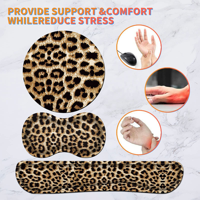 Keyboard Wrist Rest Pad + Mouse Wrist Rest + Gaming Mouse Pad + Coasters Ergonomic Memory Foam Wrist Pad Set with Easy Typing & Pain Relief for Computer, Laptop, Office & Home - Leopard Grain