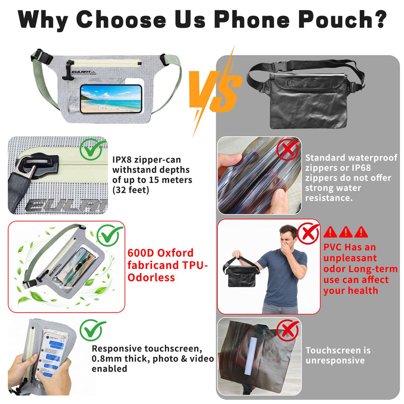 EULANT IPX8 Waterproof Phone Pouch,Reusable Fanny Pack Dry Bag | Fanny Pack Dry Bag with Screen Touch Sensitive for Beach Swimming,Boating,Kayaking,Rafting Light Gray 3 PC