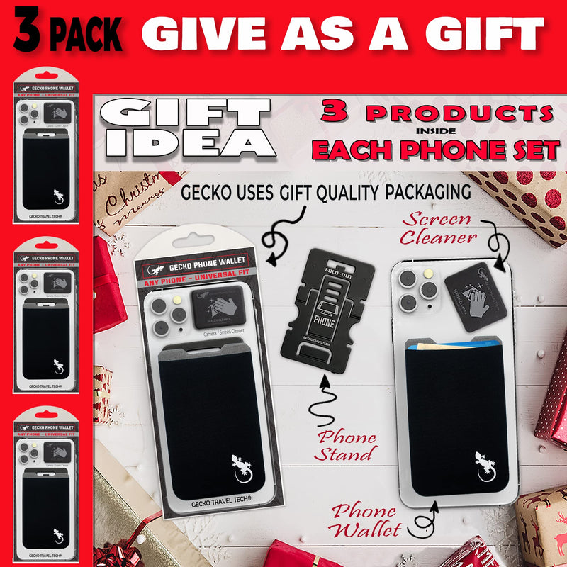 Gecko Travel Tech 3 Pack Phone Wallet Stick on- Phone Card Holder Black - Cellphone Accessories Universal fits Any Cellphone - cardholder Stretchy - Phone Card Holder Wallet (x3 Black/White BLACK WHITE - 3 PACK