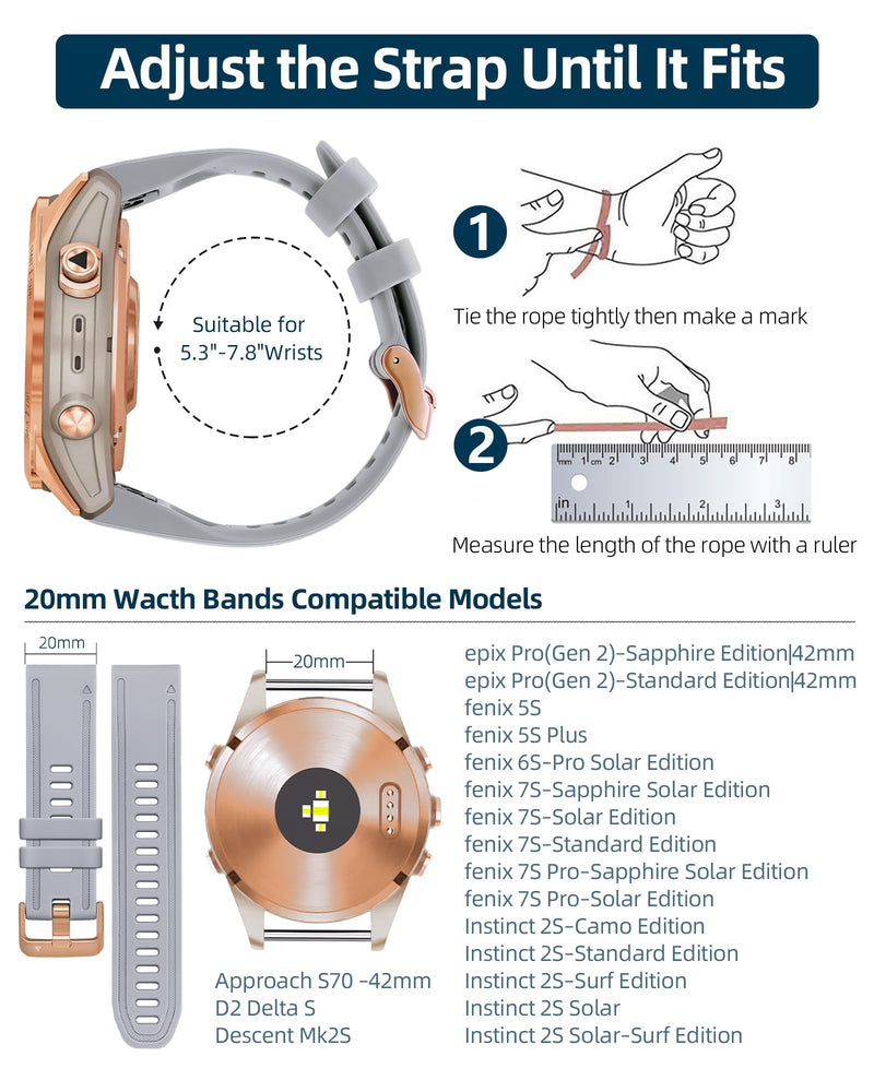 20mm Watch Band Replacement for Garmin fenix 5S/5S Plus/6S/7S/Instinct 2S/D2，Quick Fit silicone with rosegold buckle, SEAFOAM and GREY Bundle