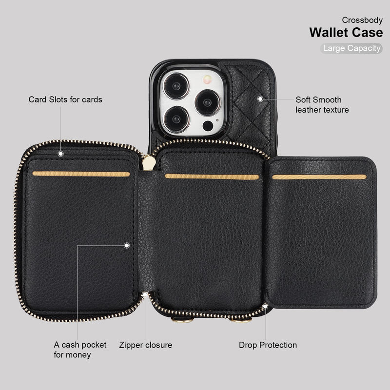 [AUSTRALIA] - Bocasal Crossbody Wallet Case for iPhone 15 Pro, RFID Blocking PU Leather Zipper Handbag Purse Flip Cover, Kickstand Folio Case with Card Slots Holder Wrist Strap Lanyard 5G 6.1 Inch (Black) Black 