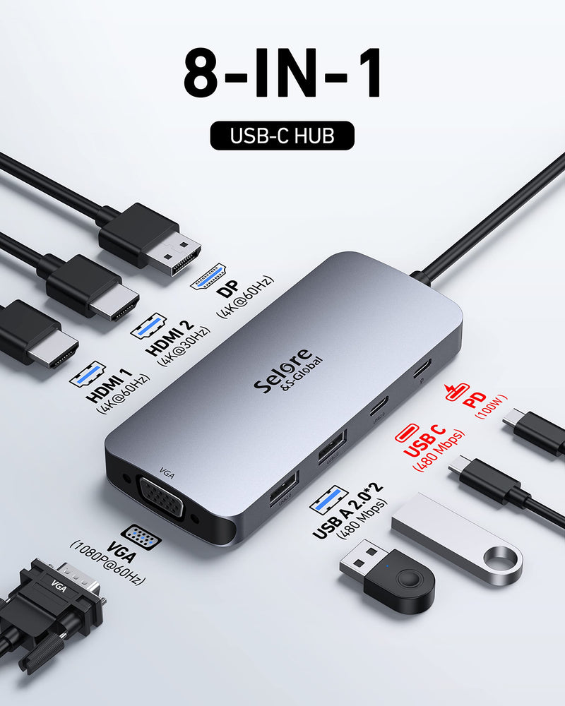USB C Docking Station Dual HDMI Monitor Adapter, Selore USB C Hub 3 Monitors Adapter with Dual HDMI, Displayport, VGA, 100W PD Charging, 2USB A 2.0,USB C 2.0 Ports Adapter for Dell XPS,HP, Lenovo,etc Gray+PD