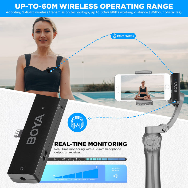 BOYA Wireless Lavalier Microphone for iPhone/iPad,2.4GHz Wireless Lapel Microphone with Gain&Noise Cancelling for YouTube,Tiktok Live Stream, Video Recording, Vlogging (Wmic5-M3)