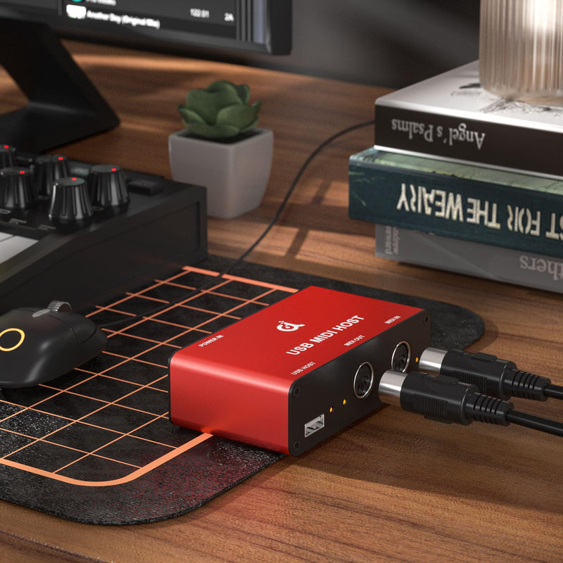 DigitalLife Stand-Alone USB MIDI Host Bridge Box - 1-In/1-Out 5-PIN DIN MIDI Interfaces, LED Indicator, Metal, Red (No computer needed) MIDI-Host (Red)