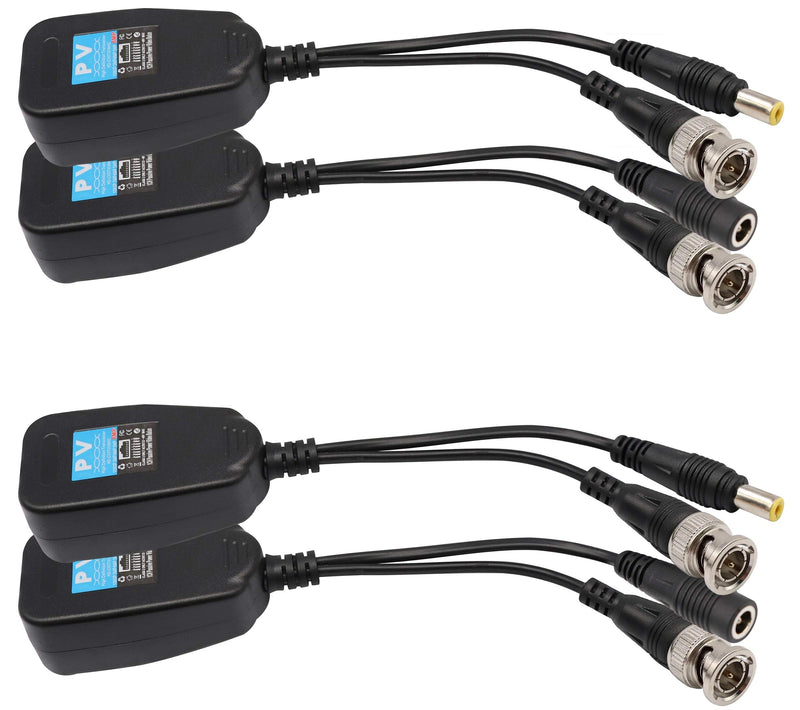 Video Balun RJ45 to BNC Transceiver Transmitter HD-CVI/TVI/AHD/CVBS with DC Power Connector for 1080P 3MP 4MP 5MP 8MP CCTV Security DVR Surveillance Camera System (4Pairs) 4Pairs