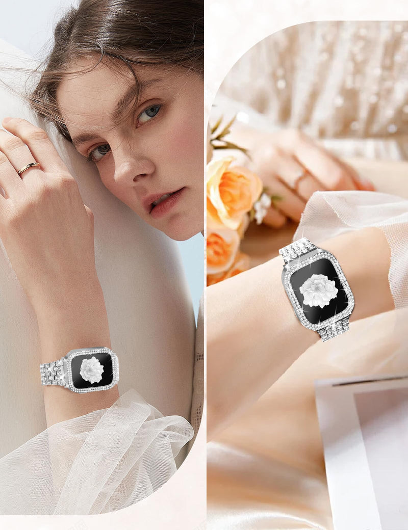 JR.DM Diamond Bands with Bling Case Trangle Stainless Steel Watch Band Bundle Compatible with Apple Watch 38mm 40mm 41mm 42mm 44mm 46mm 45mm 49mm for iWatch Series 11/10/9/8/7/6/5/4/3/2/1/SE/Ultra