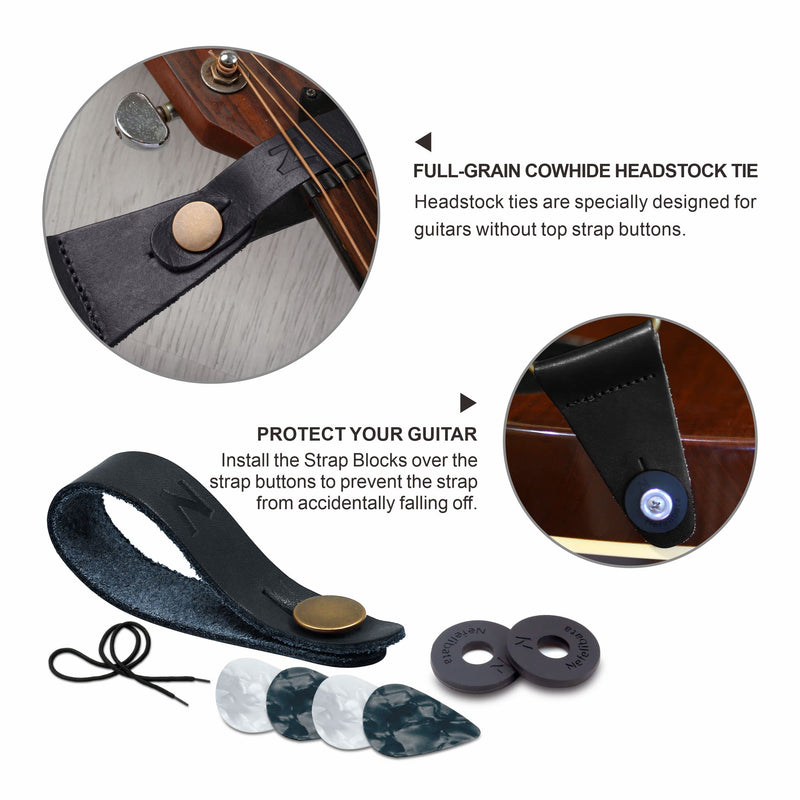 Nefelibata Guitar Strap, Soft Cashmere-containing Fabric Full Grain Leather End Guitar Straps for Bass, Electric and Acoustic Guitars, Come with Free Button, Locks and Guitar Picks Black & White Twill