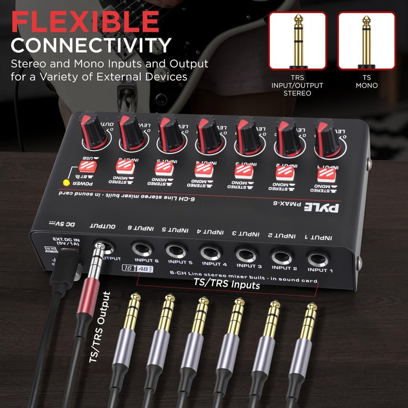 6-Channel Wireless BT Streaming Mini Line Mixer with USB Audio Interface - 6 Mono/Stereo Switching Inputs | Ultra-low Noise Design with High Headroom | Built-in USB Sound Card 6 Channel