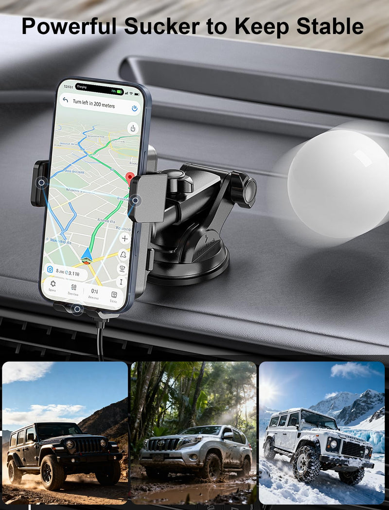 Wireless Car Charger Auto Clamping LED Car Charger Dash Windshield Air Vent | Phone Holder Compatible with iPhone 17 16 15 14/13/13 Pro/12 pro/12/11/X/8, Samsung S24/S23/S22 Series Dashboard