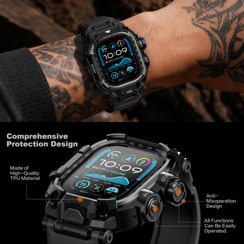 Rugged Case with Tactical TPU Band for Apple Watch Ultra 3/2/1 49mm for Men | Military-Grade Shockproof,Full Body Armor,Drop & Bump & Stain Resistant,Dustproof,Outdoor Sports Design,HD Screen Protector Matte Black