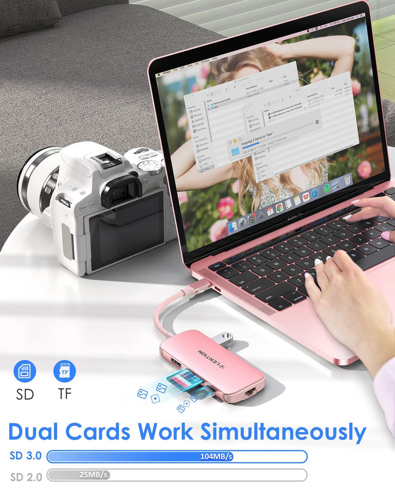 LENTION Ultra-Thin USB C Hub with Ethernet, 4K HDMI, USB 3.0/2.0, Card Readers & PD Adapter for 2022-2016 MacBook Pro 13/15/16/M1, New Mac Air & Surface, Chromebook, More (CB-C48, Rose Gold)
