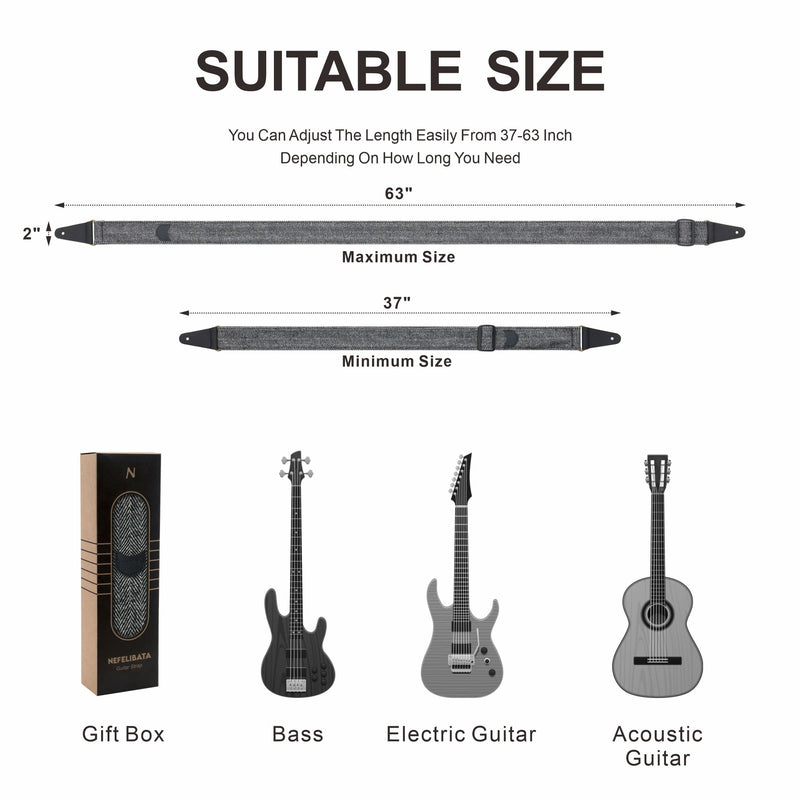 Nefelibata Guitar Strap, Soft Cashmere-containing Fabric Full Grain Leather End Guitar Straps for Bass, Electric and Acoustic Guitars, Come with Free Button, Locks and Guitar Picks Black & White Twill