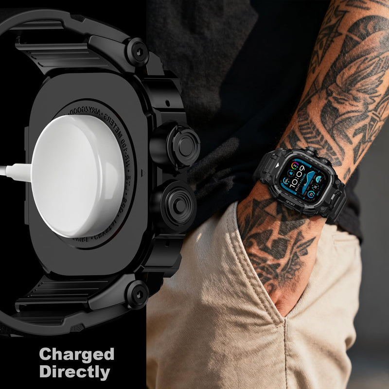 Rugged Case with Tactical TPU Band for Apple Watch Ultra 3/2/1 49mm for Men | Military-Grade Shockproof,Full Body Armor,Drop & Bump & Stain Resistant,Dustproof,Outdoor Sports Design,HD Screen Protector Matte Black
