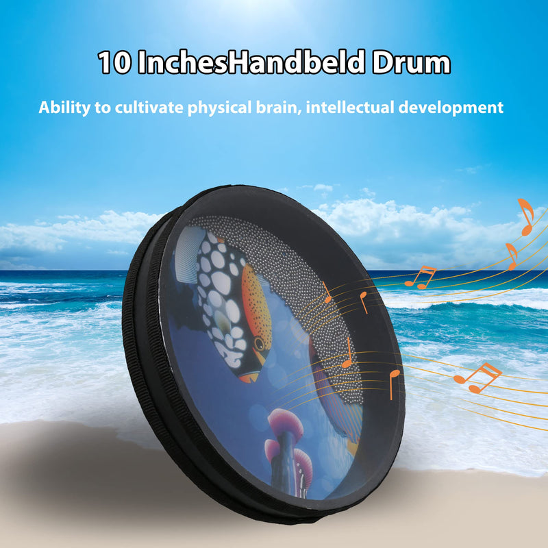Bstinay 2pcs 10Inch Wooden Ocean Drum Hand Percussion Wave Bead Sea Sound Drum with Fish Pattern