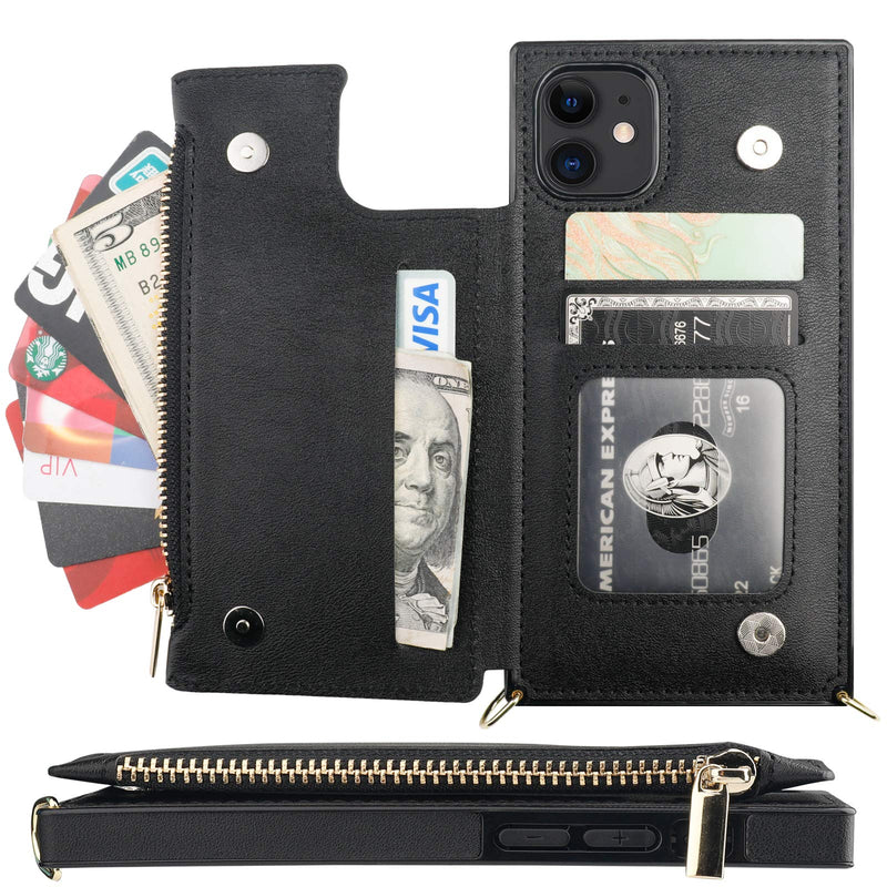 Bocasal Crossbody Wallet Case for iPhone 11 with Card Holder,Zipper Card Slot Protector Shockproof Purse Cover with Removable Cross Body Strap 6.1 Inch(Black) Black For iPhone 11 6.1 inch display