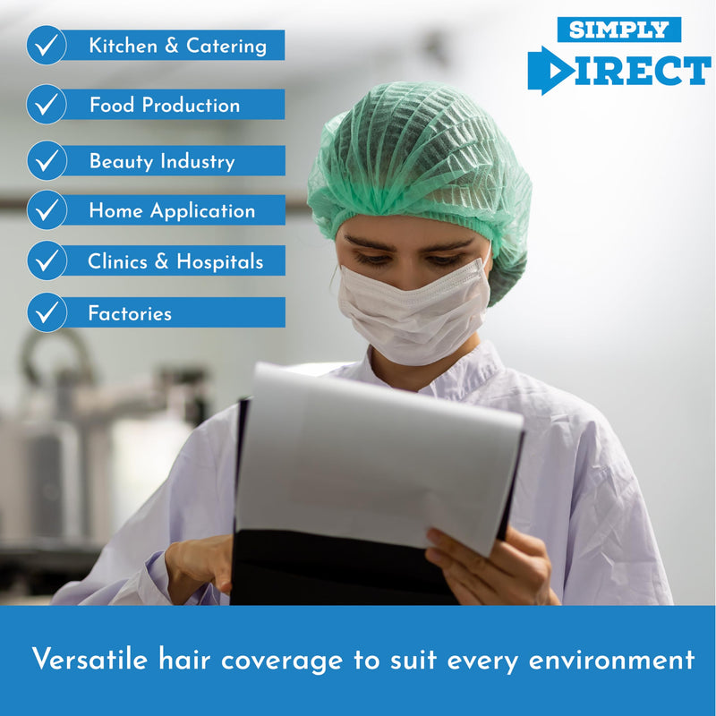 100 x simply direct Green Disposable Hair Net/Mob Caps in a Resealable Bag
