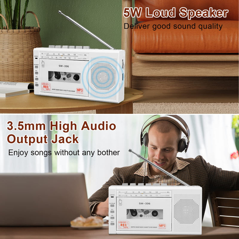 Portable Cassette Tape Player to Digital Converter via USB or SD Card, AM FM Walkman Cassette Tape Recorder Power by DC or AA Battery,Built-in Microphone, Speaker and Headphone Jack