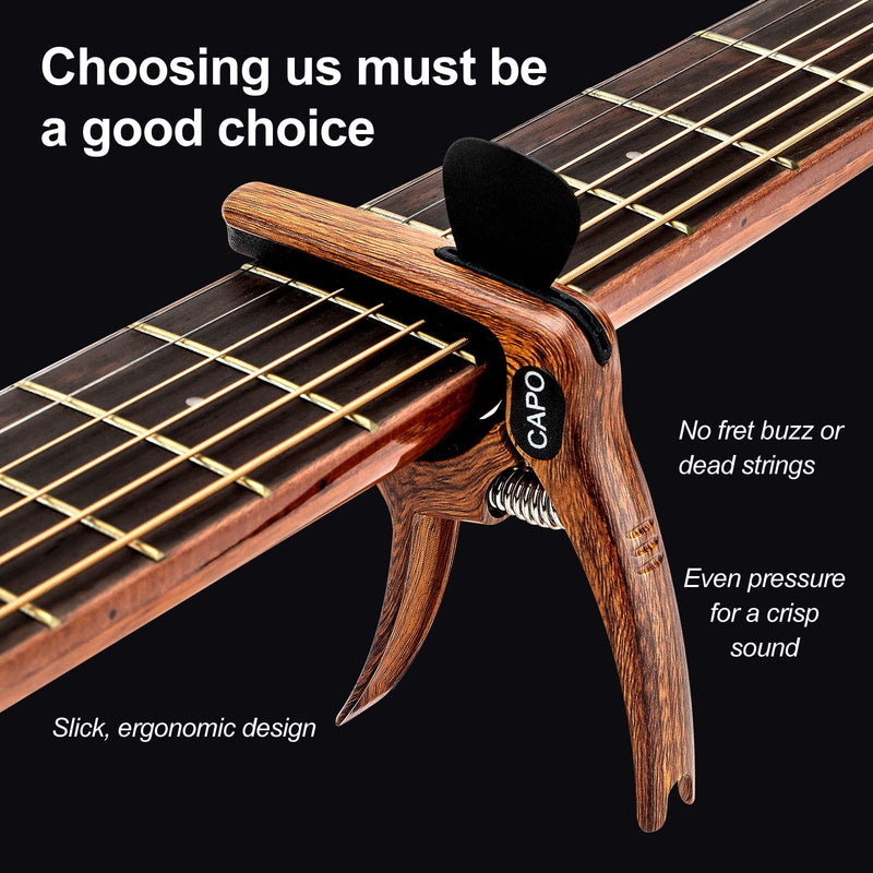 Guitar Capo, 3-in-1 multifunction capo for Acoustic and Electric Guitars (Free bonus 4 picks) with Pick Holder and Pin Puller, Guitar Accessories, wood grain color