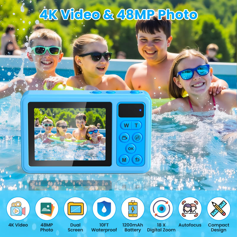 4K Waterproof Camera,10FT Underwater Digital Camera,48MP Floating Camera | for Snorkeling,Surfing,Swimming and Kayaking,Dual-Screen Selfie,Autofocus,18X Zoom,Fill Light,32GB Card,Type-C Rechargeable Blue