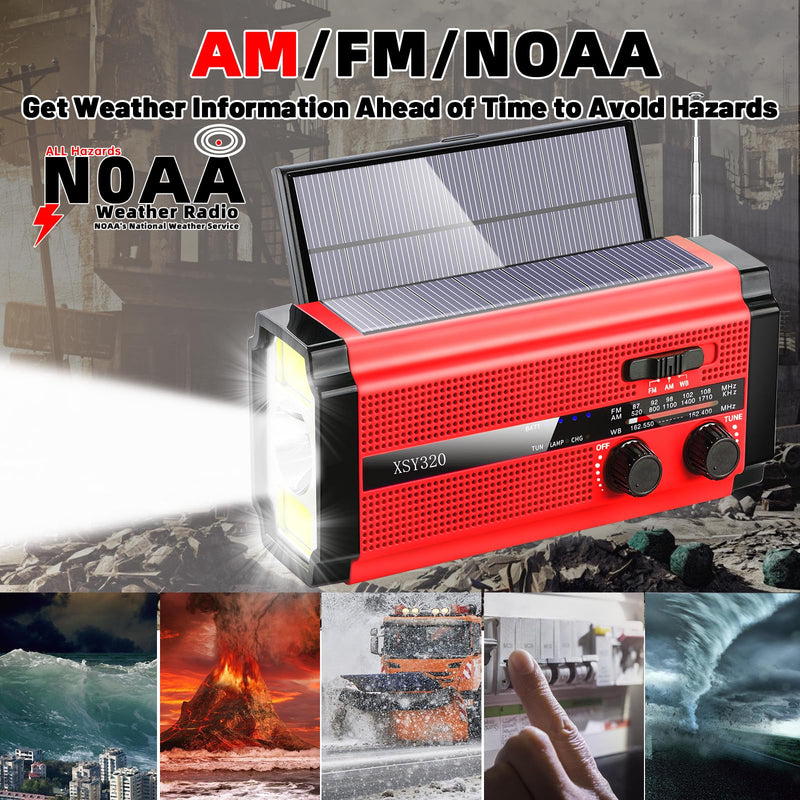 [AUSTRALIA] - Emergency Crank Weather AM/FM Radio with 2 Solar Panels Weather Radio Portable Radio, 5 Charging Modes SOS Siren 3 ModesFlashlightCell Phone ChargerReading Light (Red) Red 
