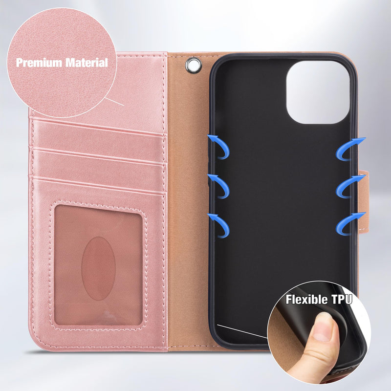 Arae Compatible with iPhone 15 Case with Card Holder and Wrist Strap Wallet Flip Cover for iPhone 15 6.1 inch,Rose Gold Rose Gold