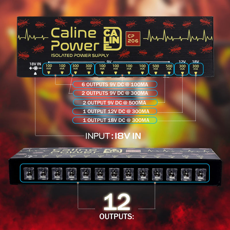Caline Guitar Pedal Power Supply, True Isolated Pedalboard Power Supply with 12 Outputs, Noiselessly CP-206 12 ports