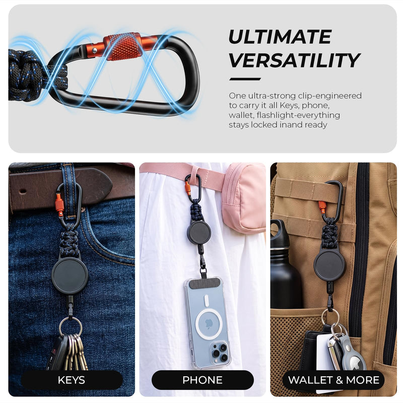 Anti Theft Retractable Steel Phone Lanyard with Carabiner & 360° Tether Tab For Skiing, Hiking, Fishing, Travel. Black