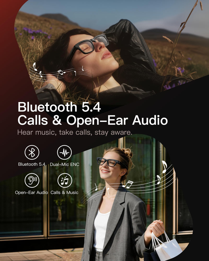 AI Smart Glasses with Camera, 4K POV Recording, Transparent Lens | 8MP photos, AI real-time translation, Object recognition, Bluetooth 5.4 open-ear audio for travel, work, and daily use