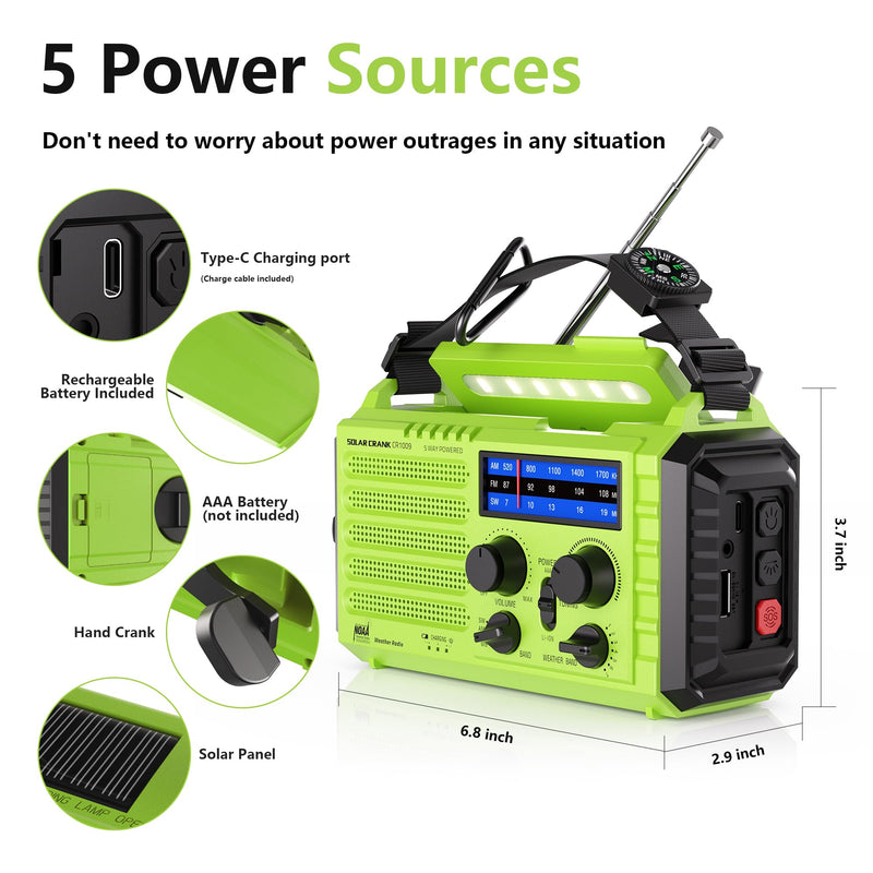 [AUSTRALIA] - Mesqool Emergency Radio 5 Way Powered, 5000 Survival Radio Solar Hand Crank Portable NOAA/AM/FM/SW Weather Radio Battery Backup, Wind up Radio with Cell Phone Charger, Flashlight, SOS green 