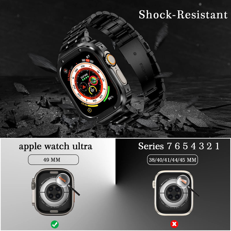 Stainless Steel Band and Case Compatible with Apple Watch Band Ultra | Men Metal Protective Bumper Cover with Straps for iWatch Ultra 3/2/1, Black 49mm(Ultra 3/2/1)