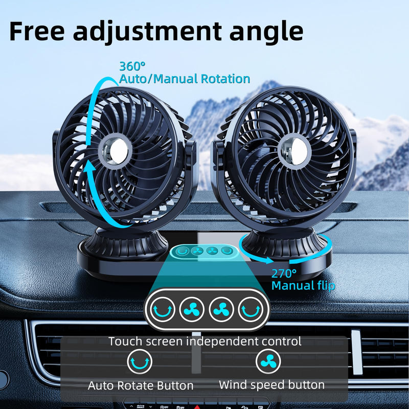 Dual Head Car Fan 12v 24 Volt Universal,270°Oscillating Cigarette Lighter Powered Cooling Fan for Vehicles [with 2 USB Charging Ports],360°Rotating Car Fans that Blow Cold Air for SUV Trucks