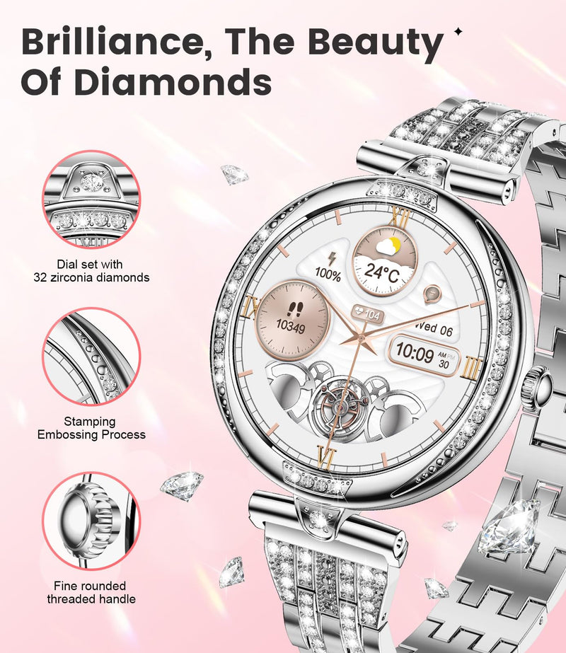 LIGE Smart Watches for Women (Answer/Make Call) with Diamonds,1.19” AMOLED Smartwatch with Heart Rate/Sleep Monitor,IP68 Waterproof Fitness Tracker 120 Sport Modes Pedometer for Android iOS,Sliver Silver