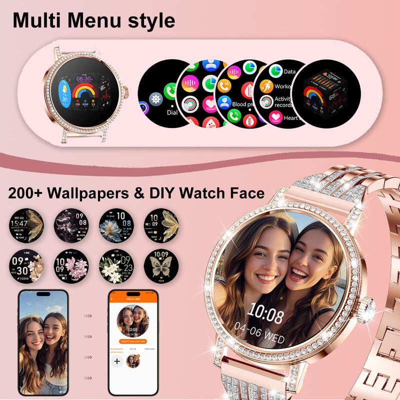 Smart Watches for Women:1.27" HD Smart Watch Bluetooth Calls,3 Bands,BP/Sleep/Steps,120+ Sports Fitness Tracker Android&iOS (Rose Gold)
