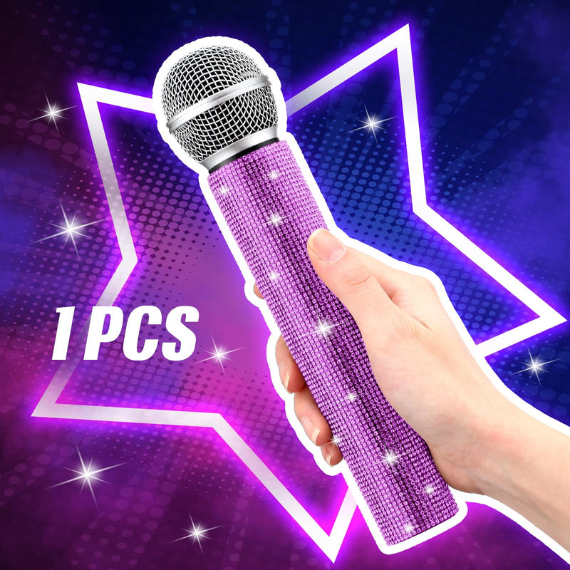 Sanwuta Fake Microphone Prop Sparkly Bling Rhinestones Microphone Prop Plastic Play Microphone Pretend Glitter Bedazzled Microphones for Disco Stage Living Broadcast Live Streaming Party (Purple) Purple
