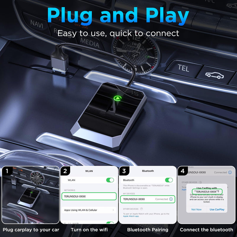 Wireless Carplay Adapter, Converts Wired to Wireless carplay Adapter for iPhone, Wireless Control Plug & Play Carplay for Cars from 2017 & for Apple iPhone iOS 10+ BY960H-CarPlay