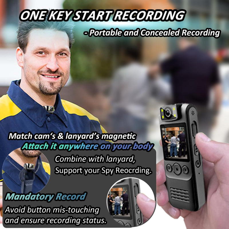 Body Camera with Audio & Video Recording- 64GB 1080P HD Police Cop Cam for Outdoor Law Enforcement Guard Travel Cameras- With Magnetic Clip Flashlight 6HR Battery Recorder (Grey With Lanyard) Grey 64G