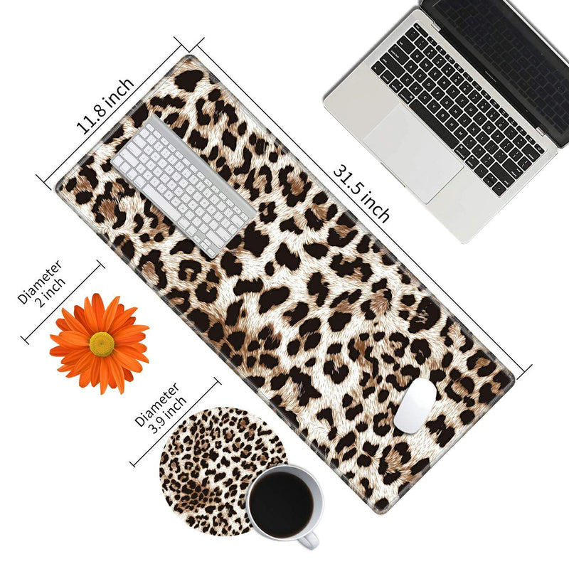 Desk Mat Gaming Mouse pad for Laptop, Leopard Fur Customized Design Printed Desk pad, Home Office Accessories, with Sunflower Coasters and Cute Stickers