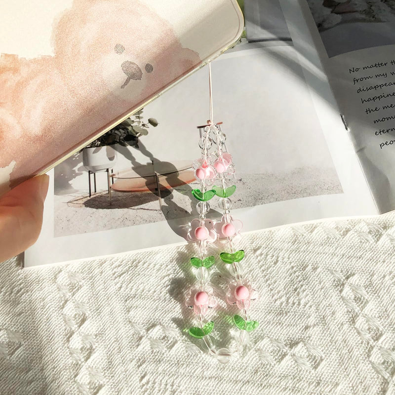 Flower Phone Charm Cute Phone Charms Strap Beaded Phone Keychain Pearl Phone Lanyard for Women Girls Style #1- Flower Orange&Pink