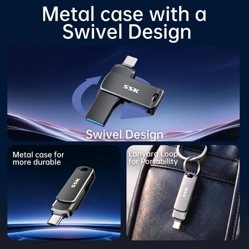 SSK 128GB Flash Drive up to 450MB/s Thumb Drive USB C+A 3.2 Memory Stick | Support OTG,Dual Connection,USB Keychain,1GB in 2.3s,2 in 1 Pendrive for iPhone 15/16/17/Android/Laptop,Zinc Alloy Keyhole