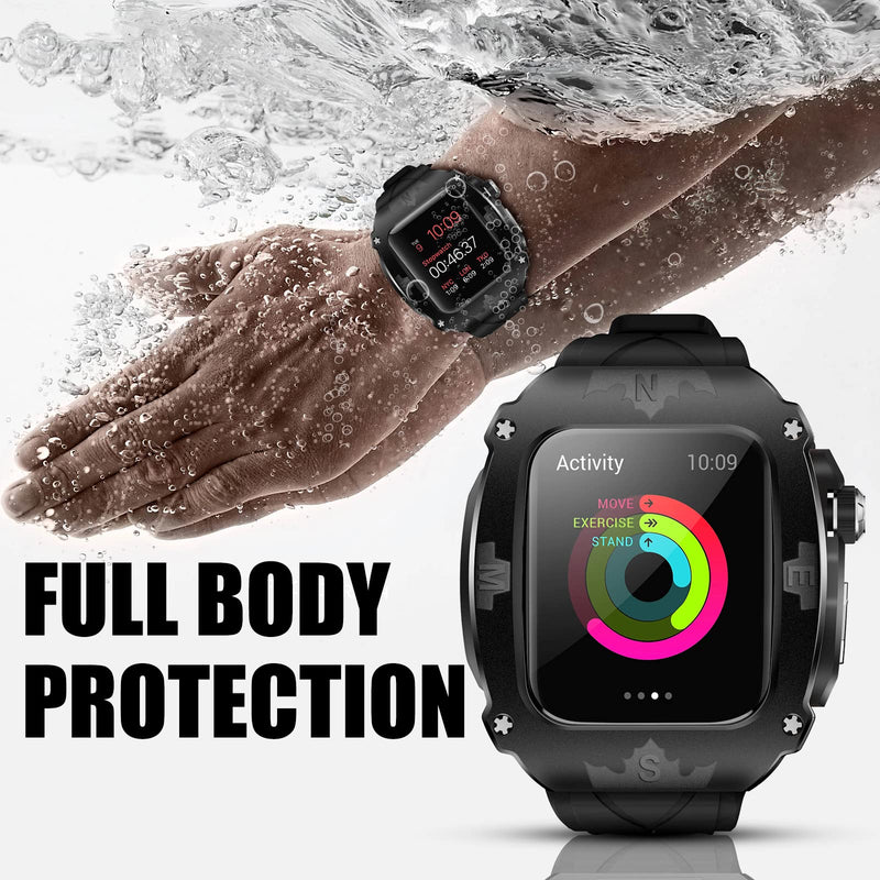 Luxury Metal Case for Apple Watch 9 8 7 45mm 6 44mm Band with Cover Heavy Duty Rugged Case Silicon Strap for men iWatch 6 5 4 SE 44mm Full Protective Cover (Black-Silver) Black-Silver 44/45