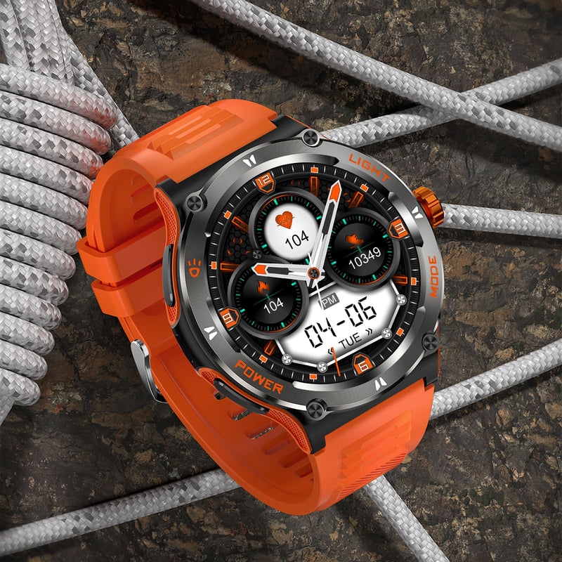 Smart Watch with Compass and Flashlight, Military Activity Tracker for Android iOS（Bluetooth Call Answer/Dial Calls） Rugged Smartwatch AI Voice Assistant/Heart Rate/Blood Pressure Orange