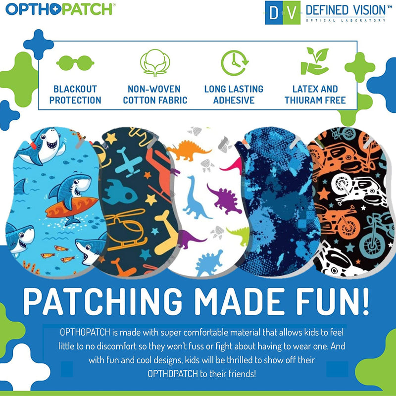 Kids Eye Patches - Fun Boys Design - 60+10 Bonus Latex Free Hypoallergenic Cotton Extra Sensitive Adhesive Bandages for Amblyopia & Cross Eye-3 Reward Chart Posters- OpthoPatch by Defined Vision